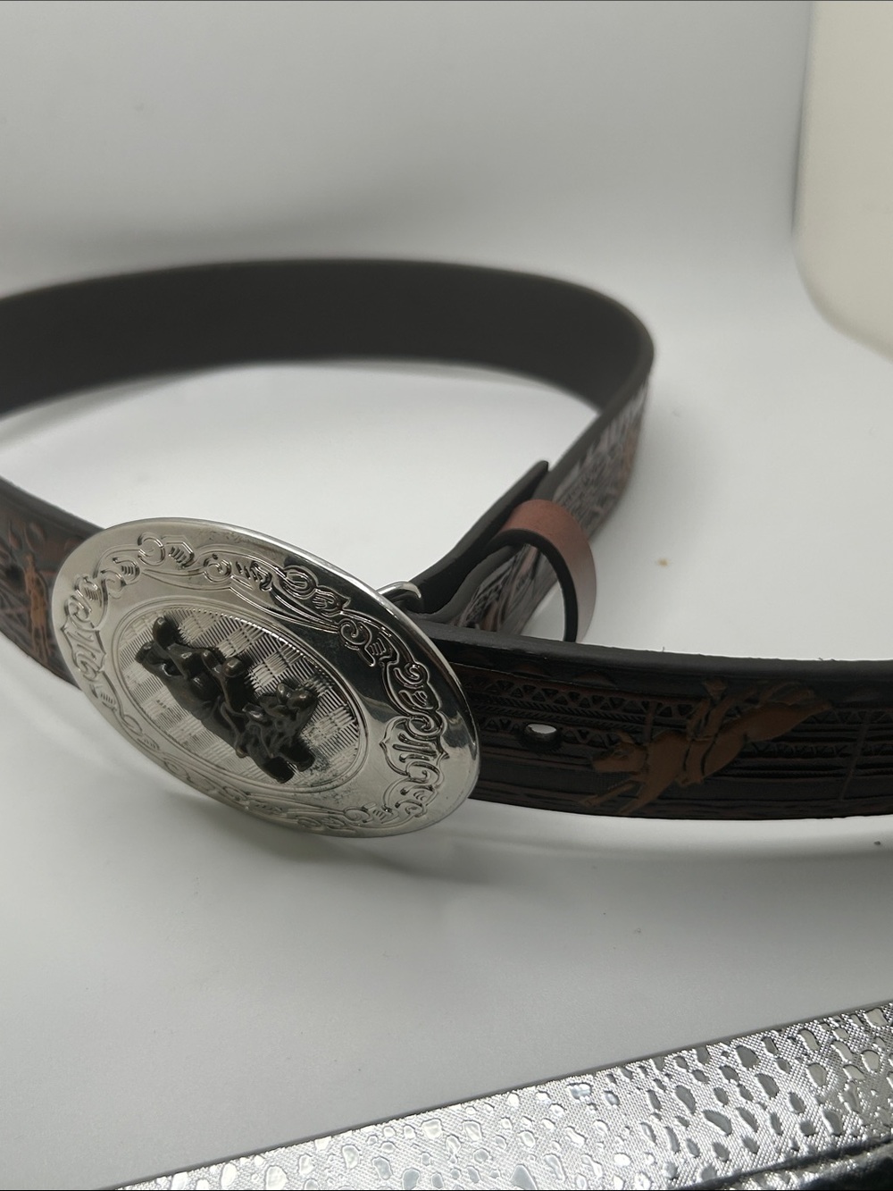 Nocona Boys Western Leather Belt 22 Rodeo Tooled Bull Rider Cowboy Buckle Brown